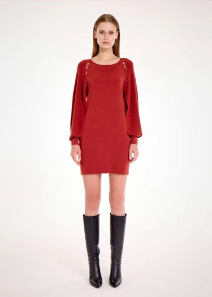 Merino Yün Karışımlı Kiremit Mini Triko Elbise - 1