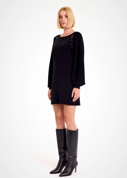 Merino Yün Karışımlı Siyah Mini Triko Elbise - 2