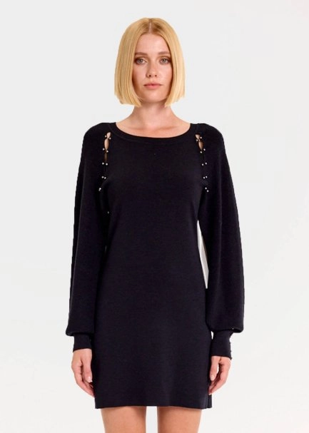 Merino Yün Karışımlı Siyah Mini Triko Elbise - 4