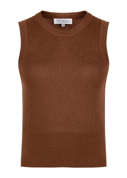 Merino Yün Kolsuz Tütün Rengi Triko Üst - 6