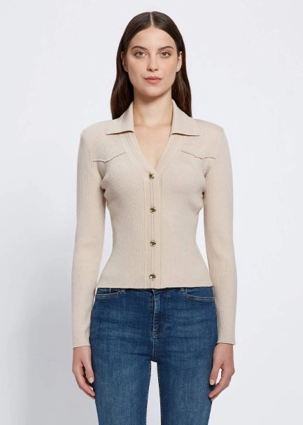 Merino Yün Metal Düğmeli Naturel Triko Üst - 1