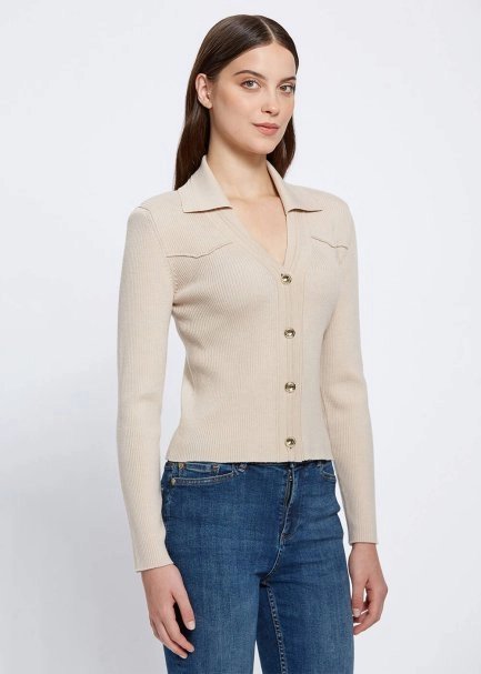 Merino Yün Metal Düğmeli Naturel Triko Üst - 3