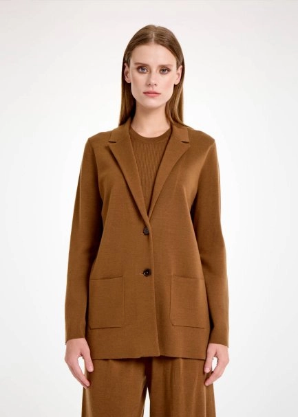 Merino Yün Tütün Rengi Triko Blazer Ceket - 1