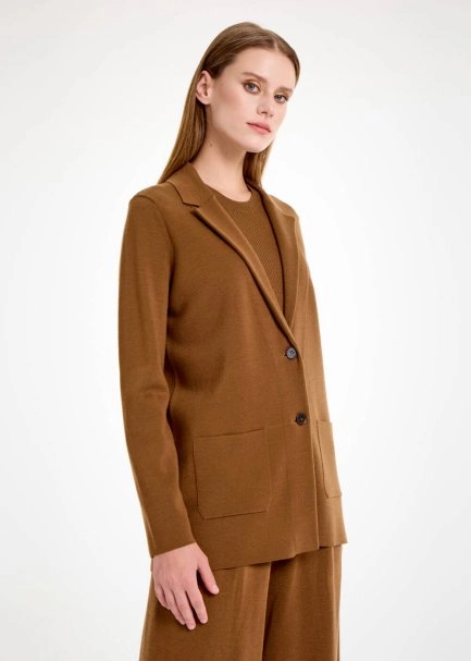 Merino Yün Tütün Rengi Triko Blazer Ceket - 4