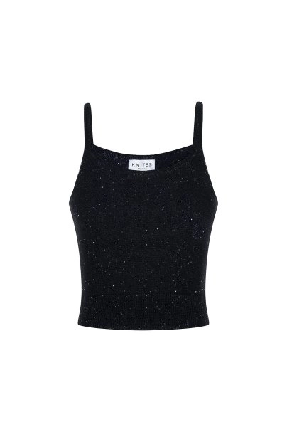 Micro-Sequin Black Knit Crop Top - 6