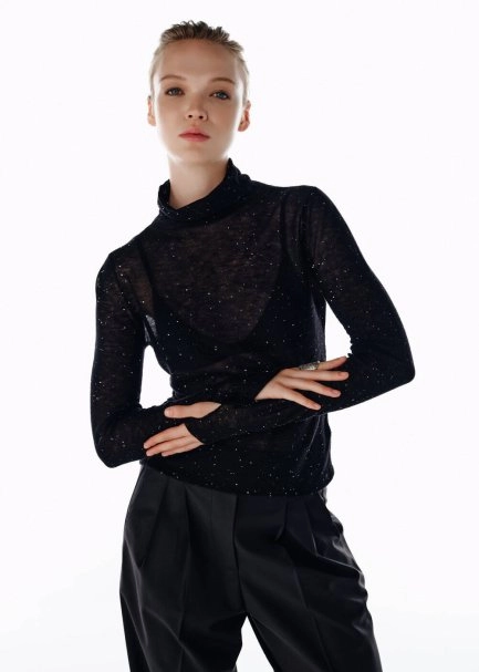 MICRO SEQUIN EXTRAFINE WOOL SWEATER BLACK - 3