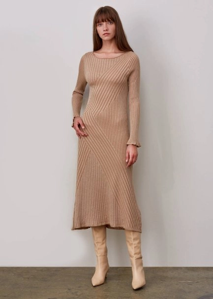 Mıdı Rıbbed Wool Beıge Knıt Dress - 1