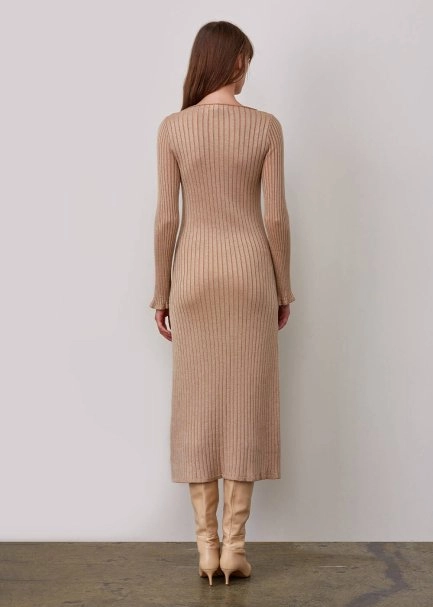 Mıdı Rıbbed Wool Beıge Knıt Dress - 3