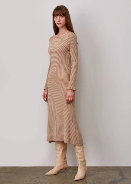 Mıdı Rıbbed Wool Beıge Knıt Dress - 4