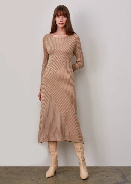 Mıdı Rıbbed Wool Beıge Knıt Dress - 5