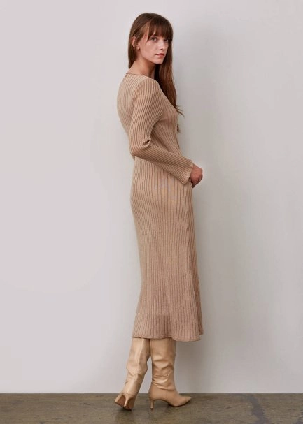 Mıdı Rıbbed Wool Beıge Knıt Dress - 7