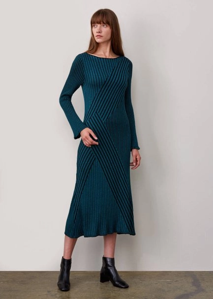 Mıdı Rıbbed Wool Petrol Color Knıt Dress - 5