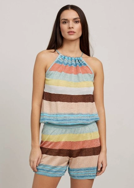 Multicolor Striped Tie Neck Knit Playsuit - 1