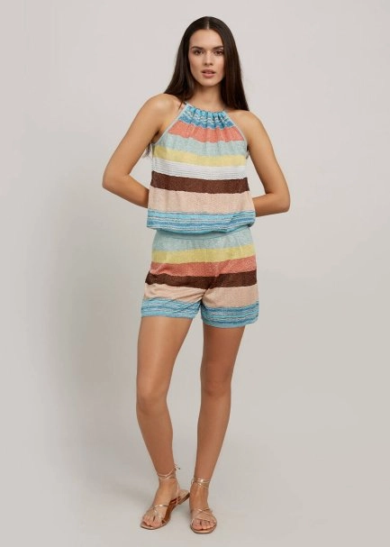 Multicolor Striped Tie Neck Knit Playsuit - 2