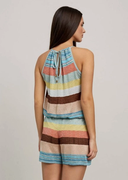 Multicolor Striped Tie Neck Knit Playsuit - 3