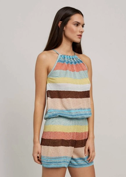 Multicolor Striped Tie Neck Knit Playsuit - 4