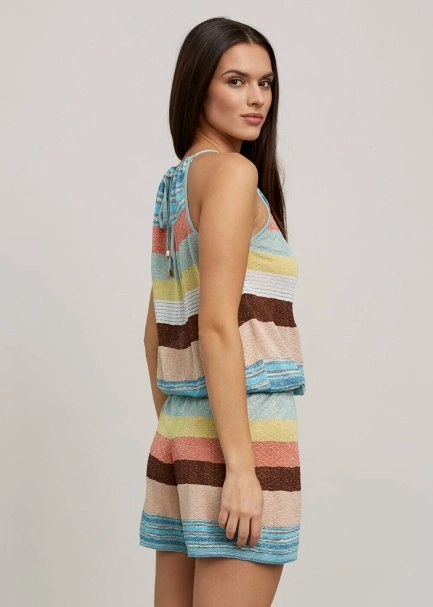 Multicolor Striped Tie Neck Knit Playsuit - 6