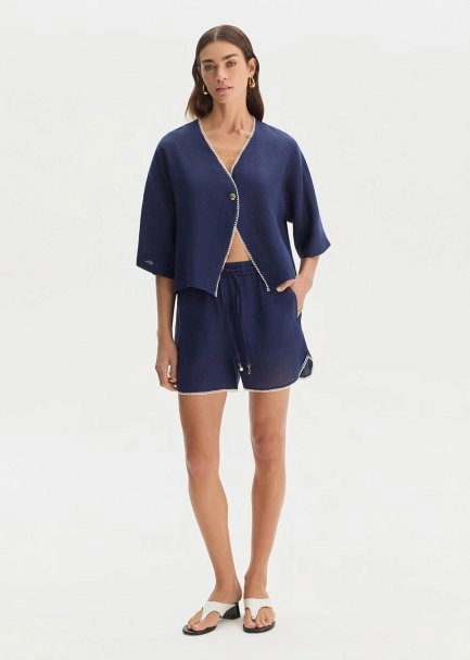 NAVY CONTRAST DETAILED LINEN SHORTS - 3