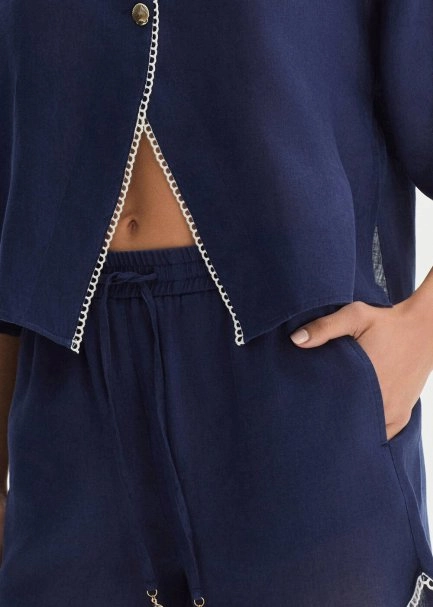 NAVY CONTRAST DETAILED LINEN SHORTS - 4