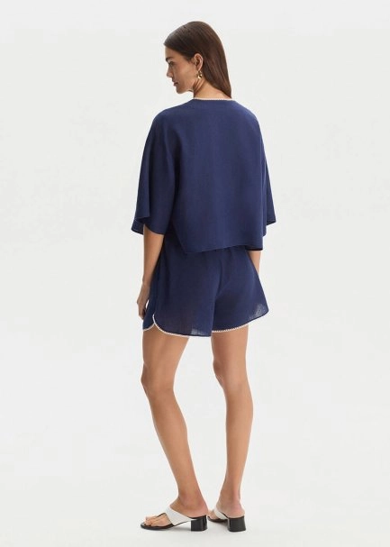 NAVY CONTRAST DETAILED LINEN SHORTS - 5
