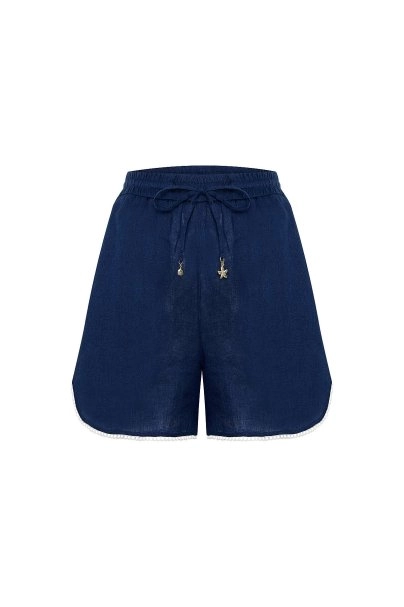 NAVY CONTRAST DETAILED LINEN SHORTS - 6