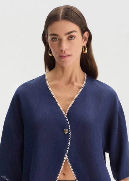 NAVY CONTRAST DETAILED LINEN TOP - 4