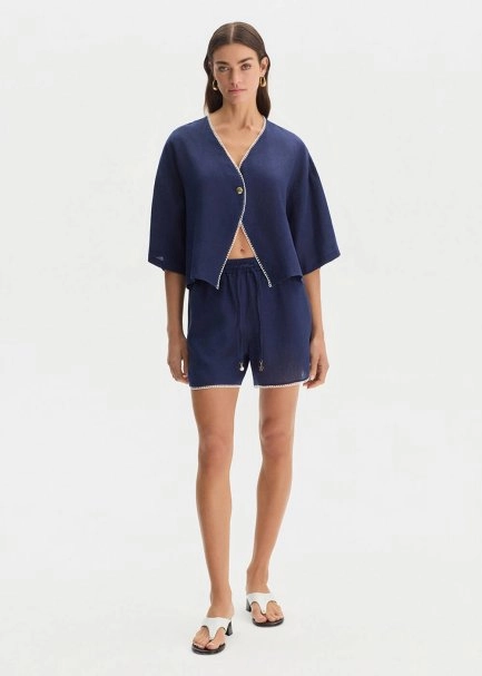 NAVY CONTRAST DETAILED LINEN TOP - 3