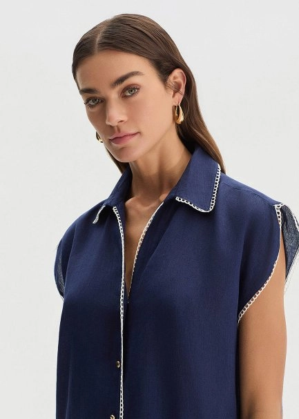 NAVY CONTRAST DETAILED LINEN TUNIC - 3