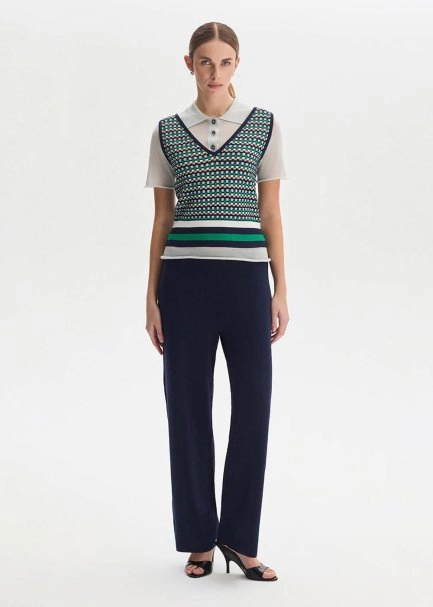 NAVY RIBBED DETAILED KNIT PANTS - 3