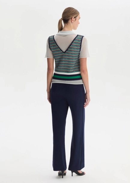 NAVY RIBBED DETAILED KNIT PANTS - 5