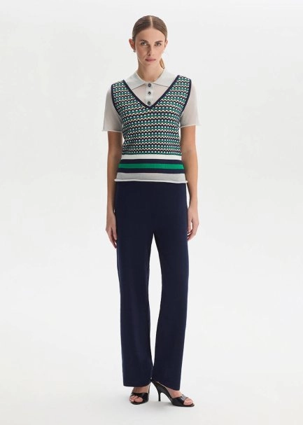 NAVY RIBBED DETAILED KNIT PANTS - 3