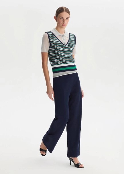 NAVY RIBBED DETAILED KNIT PANTS - 4