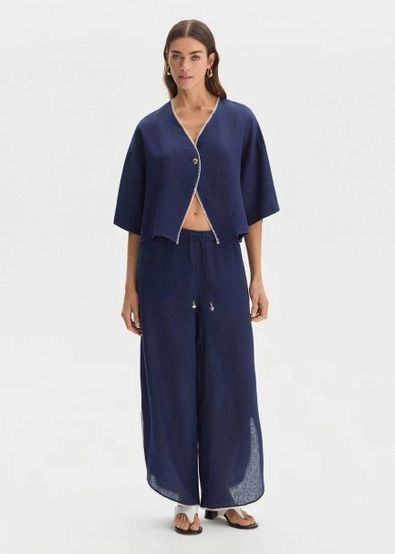 NAVY SLIT DETAILED LINEN PANTS - 4