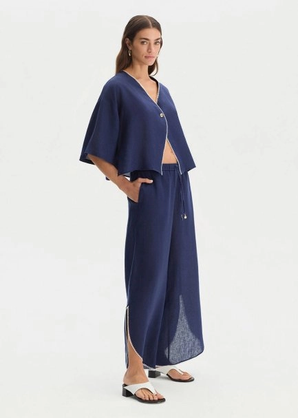 NAVY SLIT DETAILED LINEN PANTS - 3