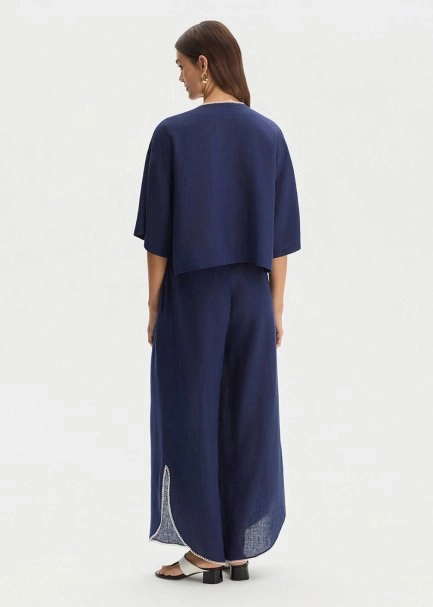 NAVY SLIT DETAILED LINEN PANTS - 5