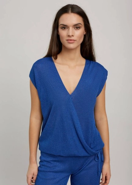Ocean Blue V Neck Wrap Knit Top - 1