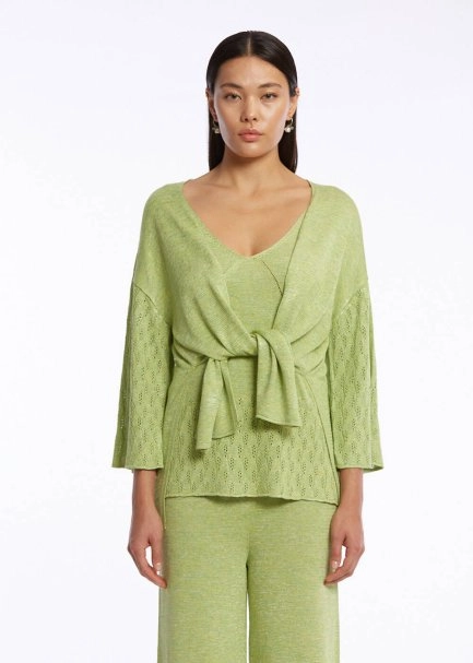 Önden Bağlamalı Yeşil Triko Hırka - 4