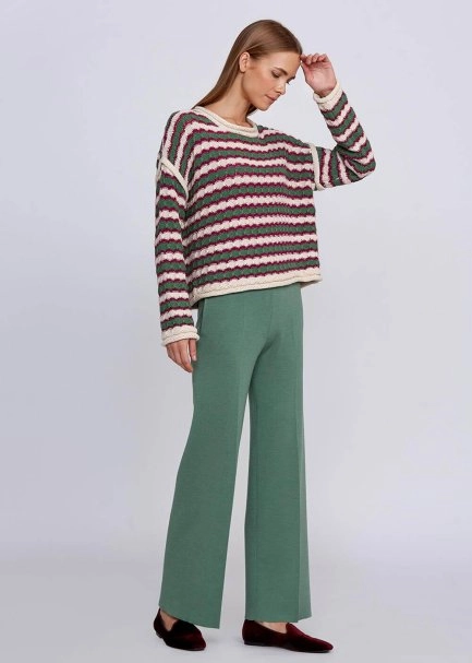 Organic Cotton Blend Oversize Jade Ecru Knit Sweater - 2