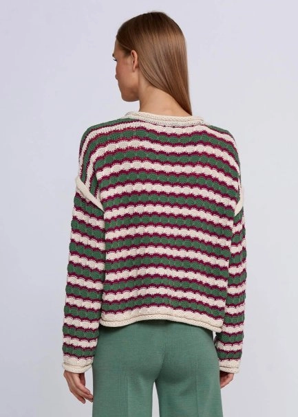 Organic Cotton Blend Oversize Jade Ecru Knit Sweater - 3