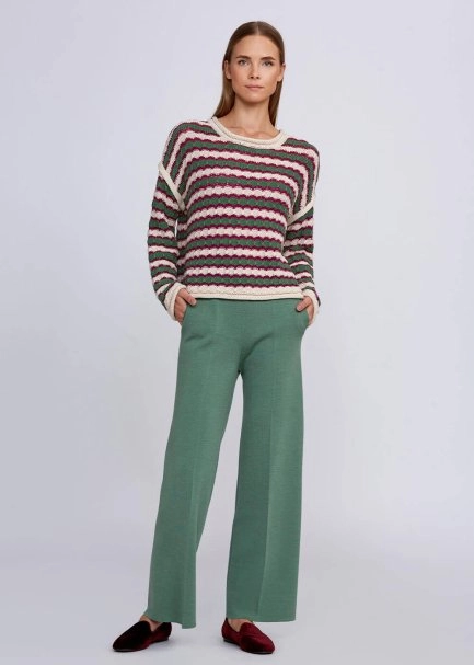 Organic Cotton Blend Oversize Jade Ecru Knit Sweater - 5