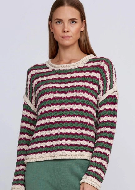 Organic Cotton Blend Oversize Jade Ecru Knit Sweater - 6