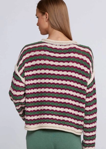 Organic Cotton Blend Oversize Jade Ecru Knit Sweater - 7