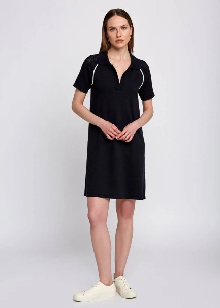Organic Cotton Contrast Piping Detail Navy Knit Dress - 1