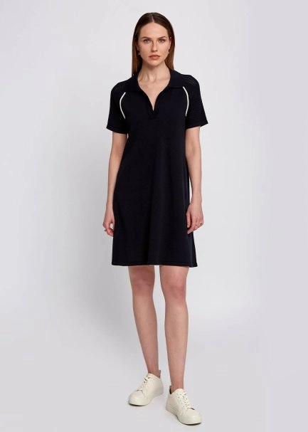 Organic Cotton Contrast Piping Detail Navy Knit Dress - 2