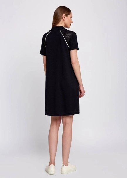 Organic Cotton Contrast Piping Detail Navy Knit Dress - 3