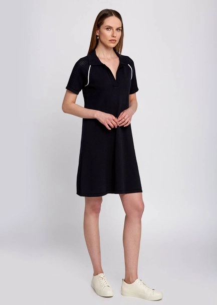 Organic Cotton Contrast Piping Detail Navy Knit Dress - 5