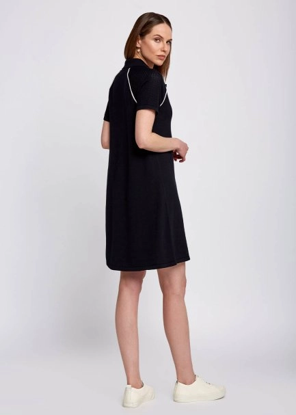 Organic Cotton Contrast Piping Detail Navy Knit Dress - 6