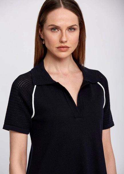 Organic Cotton Contrast Piping Detail Navy Knit Dress - 7