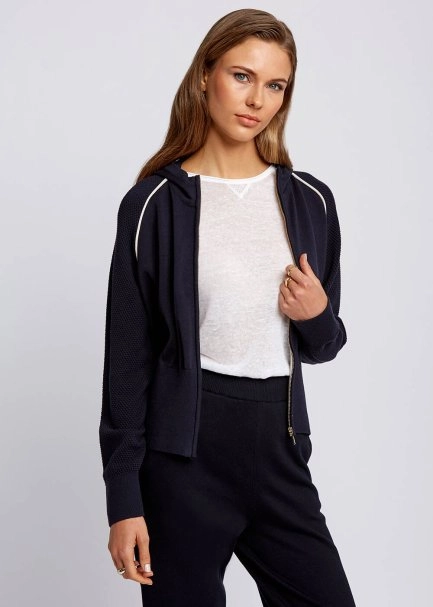 Organic Cotton Contrast Piping Detail Navy Knit Jacket - 4