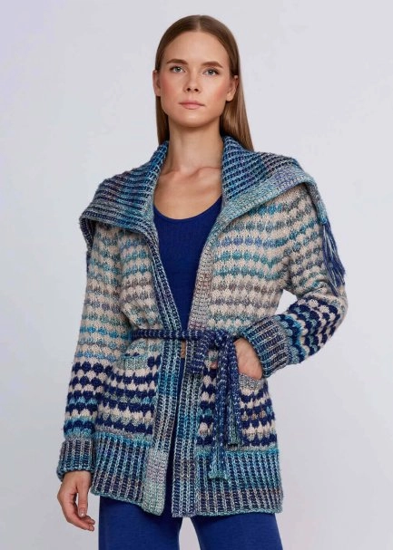 Organic Cotton Wool Blend Fringe Neck Blue Knit Cardigan - 1